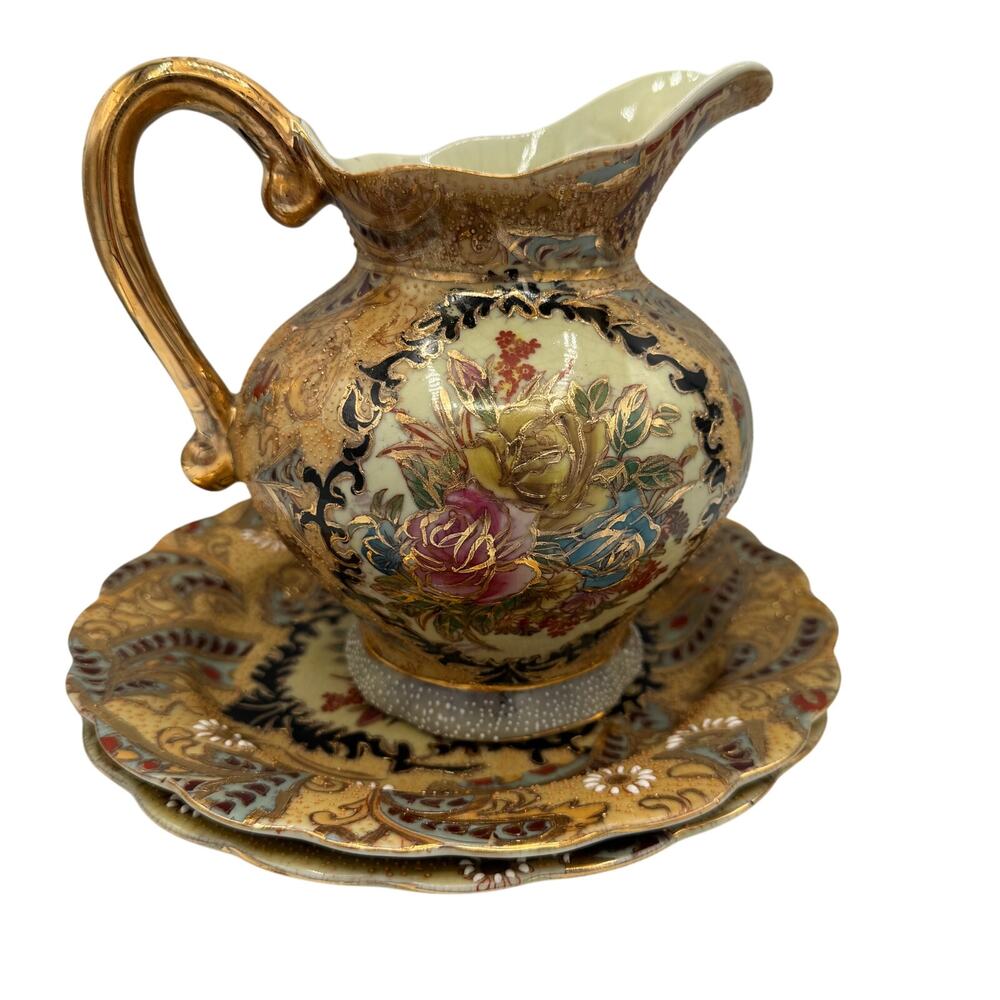 Satsuma Pitcher & 2 Plate Set –Gold Gilded Floral Design 3 Pieces